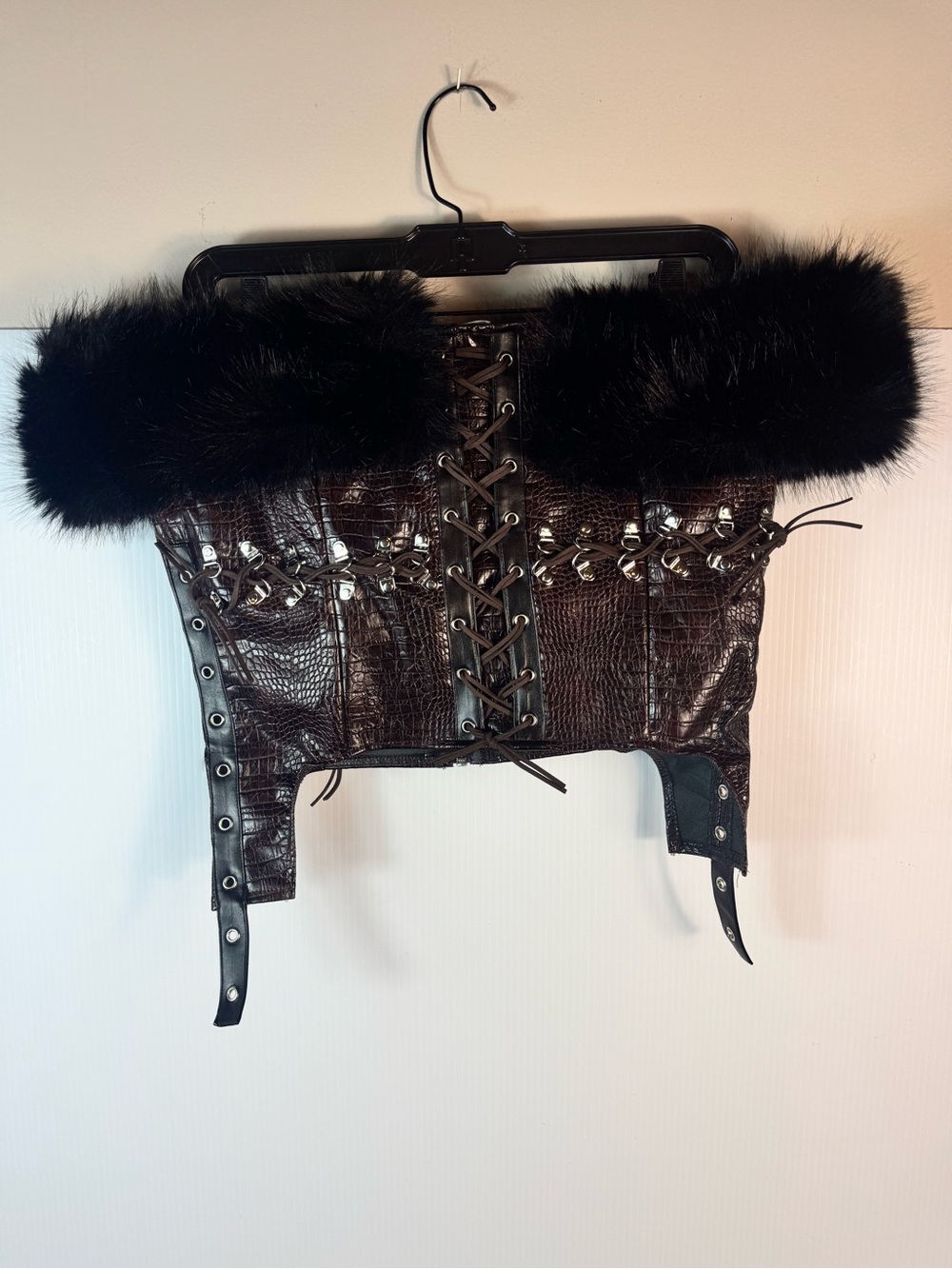 AKIRA Brown Faux Croc Fur Corset Top & Lace Up Maxi Skirt Set NWT - Picture 6 of 8